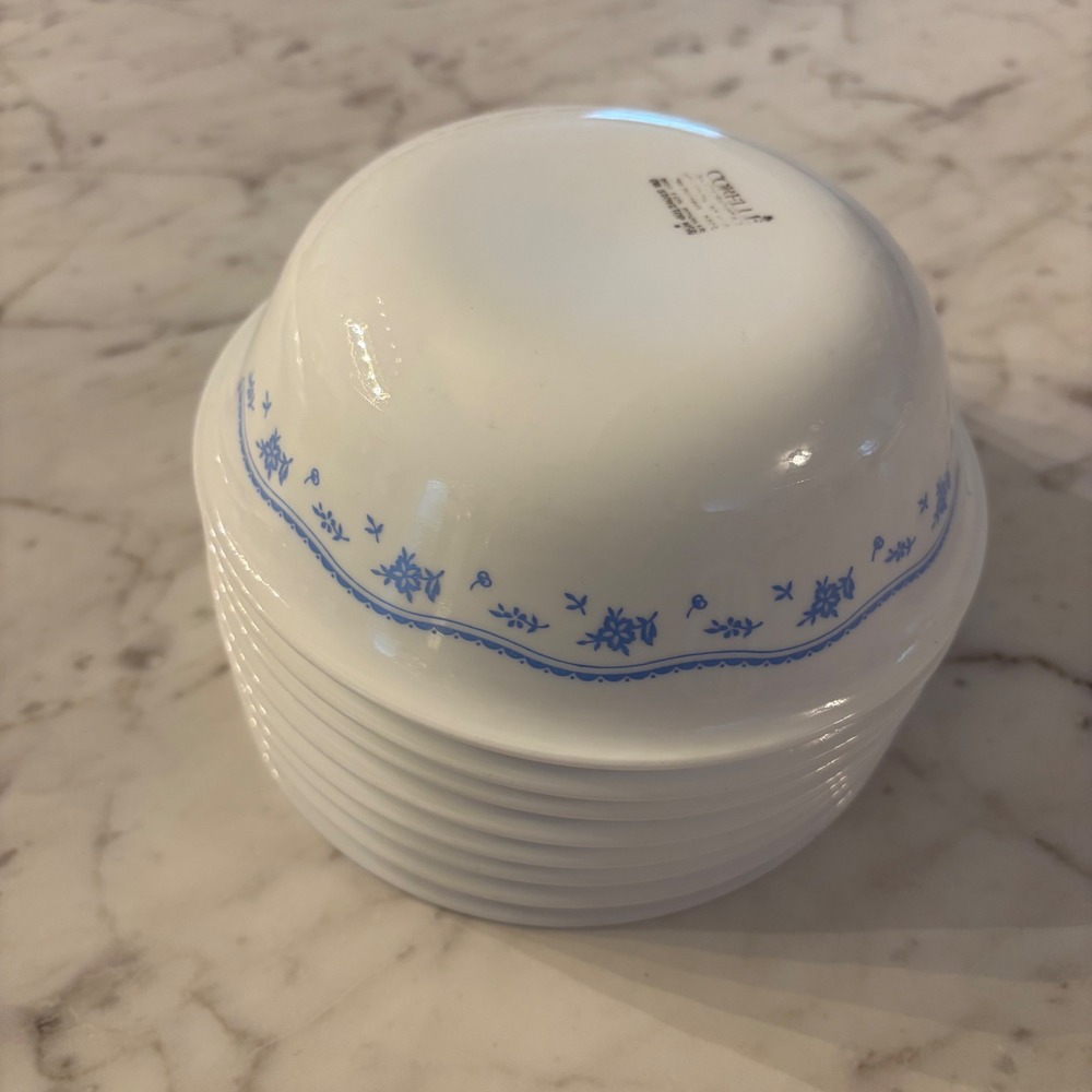 Corelle White Dinner Bowls with Blue Floral Border - Set of 8 - 6 1/4” wide